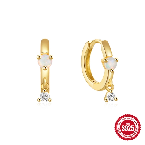 Huggie Hoop Ohrringe 925 Sterlingsilber Zierlich Weißer Opal Zirkon Anhänger Minimalistischer Geometrischer Schmuck