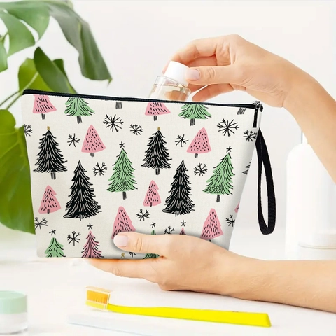 Bolsa De Maquillaje Con Patrón De Árbol De Navidad Y Copo De Nieve Neceser Cosmético Portátil De Lino Con Cremallera