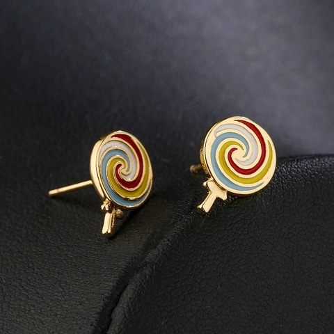 Copper Gold Plated Stud Earrings With Zircon Star Moon And Colorful Enamel Lollipop Sweet Jewelry For Women