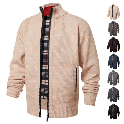 Men Knitted Cardigan Jacket With Plaid Fleece Lining Stand Collar Full Zip Slim Fit Thick Warm Casual Sweater Outerwear