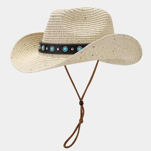 Western Cowboy Straw Hat With Turquoise Beads Faux Leather Band Wide Brim Sun Protection Breathable Summer Beach Travel