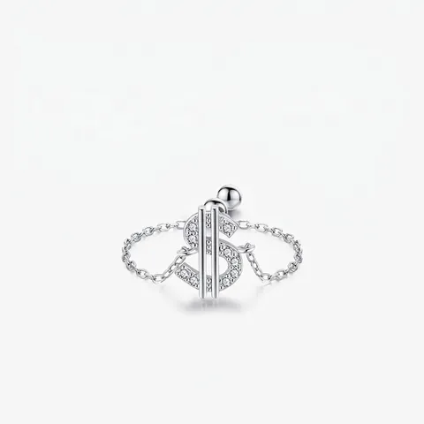 Dollarzeichen Verstellbarer Kettenring 925 Sterlingsilber Pave Klarer Zirkonia Minimalistischer Hip-Hop-Schmuck Für Damen