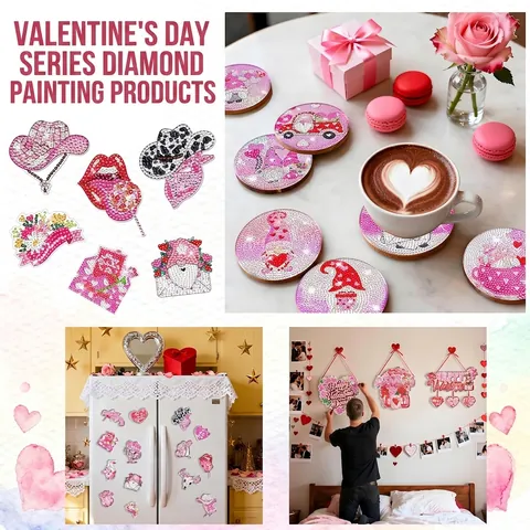 Kits Pittura Diamante 5D Fai Da Te San Valentino Cuore Gnomi Sottobicchieri Portachiavi Magneti Strass Acrilico Artigianato