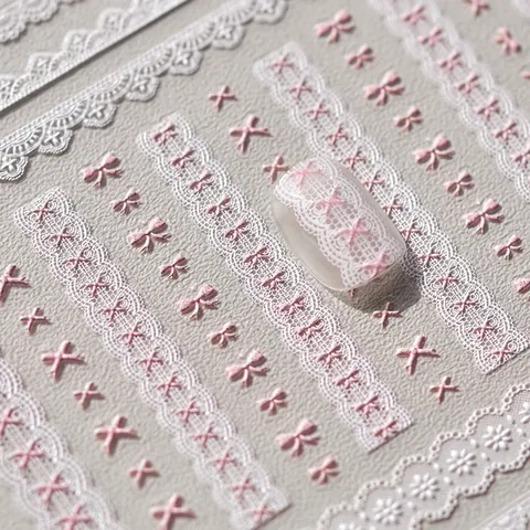 Autocollants Art Des Ongles Relief Gaufré Dentelle Blanche Nœud Rose Cœur Design Auto-adhésifs Décorations Manucure DIY