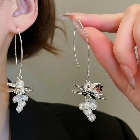 Pendientes Colgantes De Racimo De Uvas Vintage Aleación Perla Artificial De Imitación Con Poste De Plata Esterlina 925 Elegante Para Mujer