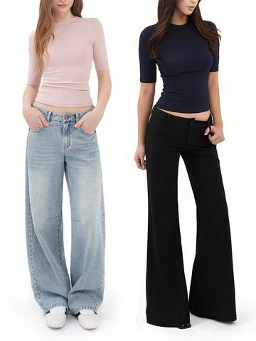 Women Slim Fit T-Shirt Round Neck Ribbed Knit Shoulder Pads Rayon Blend Casual Chic Half Sleeve Top