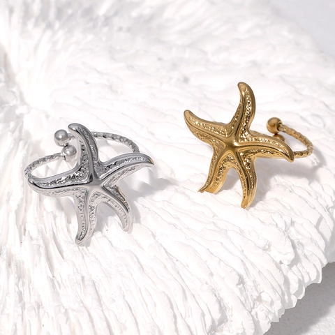 Anillo De Estrella De Mar Acero Inoxidable Ajustable Abierto Textura Martillada Joyería De Vacaciones Playa Para Mujeres