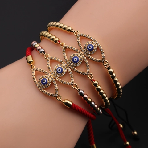 Evil Eye Bracelets Gold Plated Copper Zircon Inlaid Adjustable Woven Rope Lucky Protection Charm Jewelry For Women