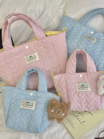 Gesteppte Tragetasche Mit Herzmuster Stoffhandtasche Mit Kontrastfutter Lässige Tragbare Pendler-Lunchtasche Für Frauen Mädchen