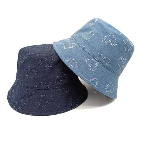 Women Cotton Denim Bucket Hat Vintage Distressed Frayed Heart Pattern Summer Sun Protection Travel Casual Korean Style