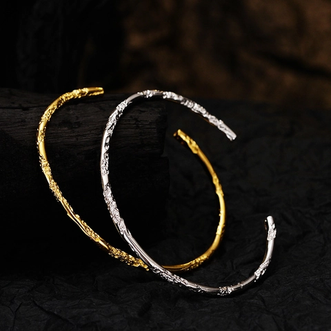 Bracelet Jonc En Argent Sterling 925 Pour Femme Texture Irrégulière Plissé Lave Minimaliste Réglable Bijoux