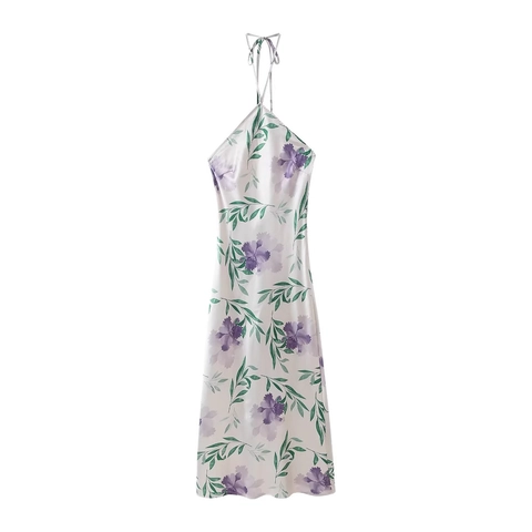Floral Midi Dress Halter Neck Backless Satin Tie Up Elegant Summer Party Sleeveless White Purple Print For Women