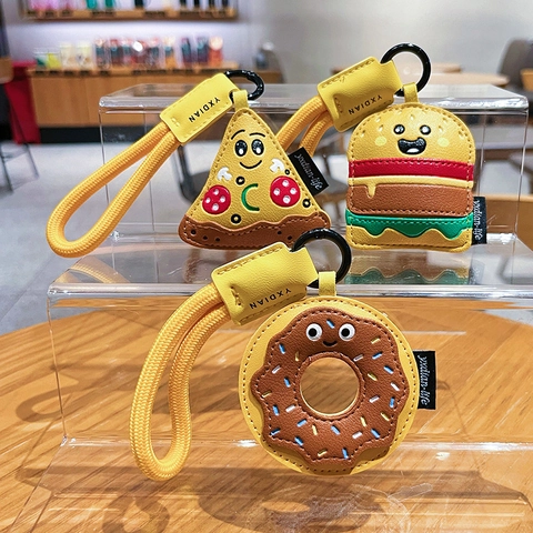 Cute Cartoon Food Shape PU Leather Keychain Pizza Hamburger Donut Bag Charm With Woven Strap For Backpack Handbag