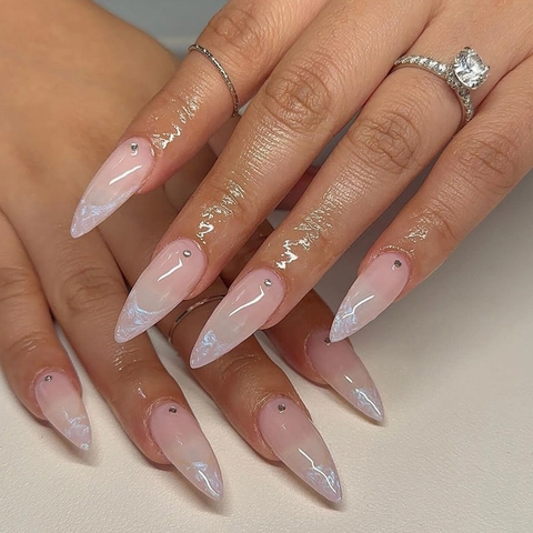Unghie Finte Forma Mandorla Sfumatura Rosa Nude Stile Francese Strass Eleganti Unghie Artificiali Per Donna