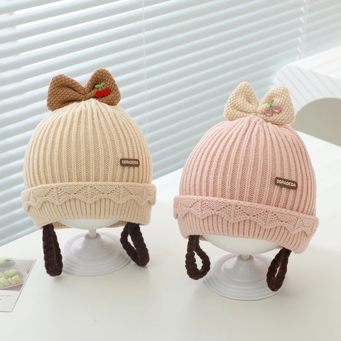 Bonnet Tricoté Pour Bébé Fille Protection Oreilles Hiver Chaud Cerise Nœud Tresses Artificielles Style Princesse