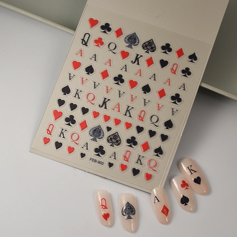 Stickers Ongles Thème Cartes À Jouer Relief 5D Cœur Pique Trèfle Carreau Poker Design Auto-adhésif Imperméable