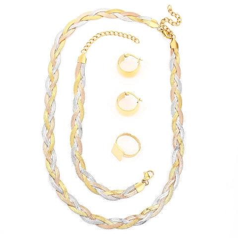 Titanstahl Gewebte Schlangenknochenkette Schmuckkollektion Dreifarbig Gold Silber Roségold Halskette Armband Creolen Quadratischer Ring
