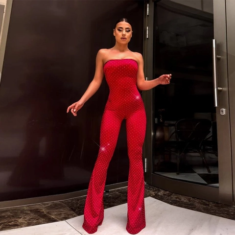 Damen Jumpsuit Trägerlos Tube Top Glitzer Strass Weites Bein Schlaghose Hohe Taille Sexy Party Abend Kleidung