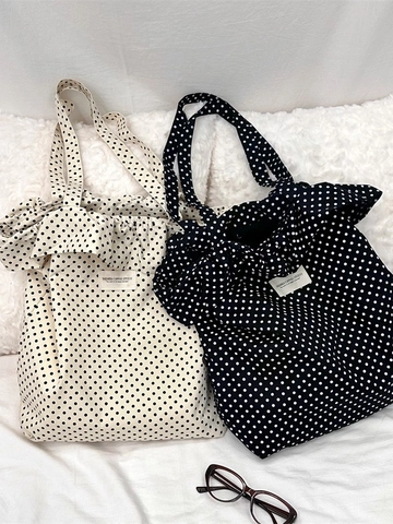Polka Dot Canvas Tote Tas Ruches Rand Grote Capaciteit Handtas Voor Vrouwen Student Woon-werkverkeer