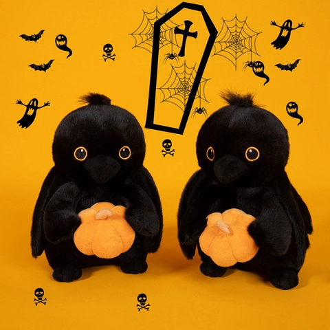 Cute Black Crow Plush Toy Holding Pumpkin Soft Stuffed Animal Halloween Decoration Bird Doll Festive Gift For Kids