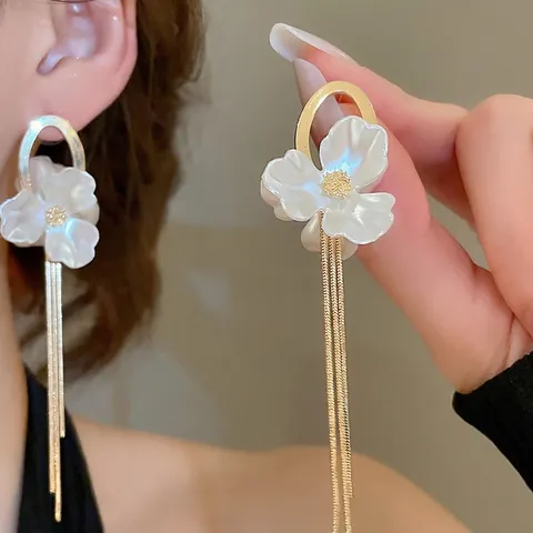 Elegante Bloemen Kwastje Hangoorbellen Met Hars Bloemblad Ovale Ring En 925 Sterling Zilveren Oorsteker Voor Dames