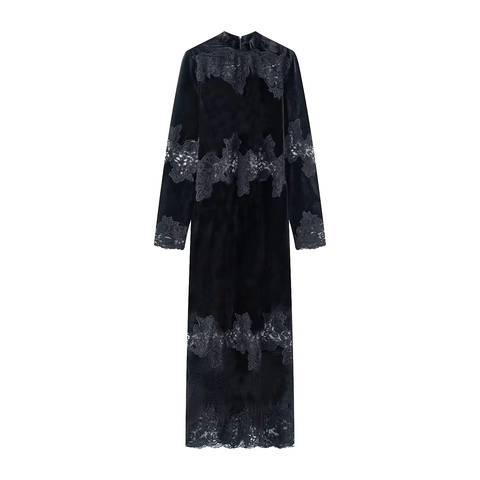 Dames Fluwelen Maxi Jurk Met Kant Lange Mouwen Opstaande Kraag Elegante Slanke Pasvorm Avondjurk Zwart