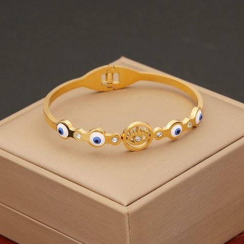 Stainless Steel Snake Evil Eye Bangle For Women Gold Plated Rhinestone Enamel Fashion Cuff Jewelry Elegant