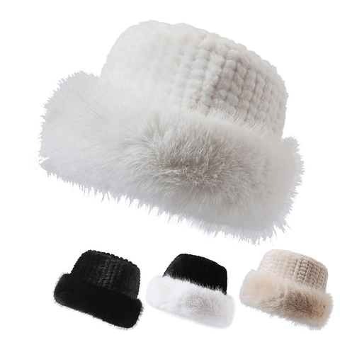 Chapeau Bob en Fausse Fourrure pour Femme Mode Hiver Chaud Peluche Bonnet Pêcheur Tricoté Couleur Unie Coupe-vent