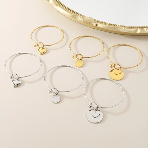 Stainless Steel Bangle Bracelet Heart Pendant Saint Benedict Medal Charm Minimalist Religious Fashion Jewelry For Women