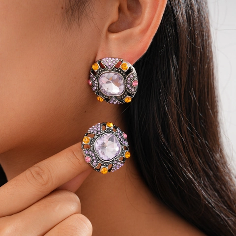Retro Baroque Square Purple Crystal Alloy Stud Earrings With 925 Sterling Silver Earring Post Luxury Geometric Rhinestone Jewelry For Women