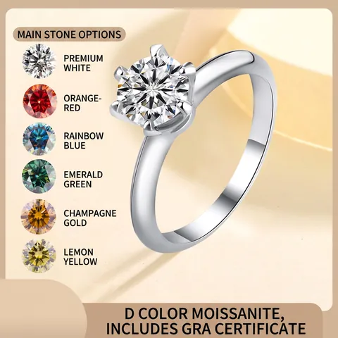 Classic Six Prong Moissanite Ring S925 Sterling Silver Engagement Wedding Band For Women With GRA Certificate Elegant Luxury Fine Jewelry Anniversary Gift