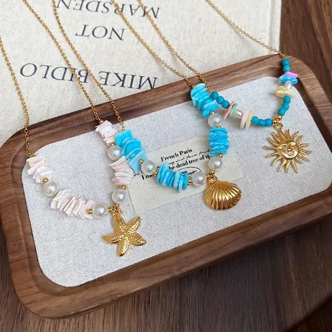 Collar Colgante Estrella De Mar Concha Perla Artificial Estilo Vacaciones Playa Verano Joyería Aleación Chapado Oro Mujeres