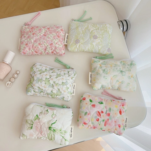 Floral Quilted Cotton Mini Storage Pouch Zipper Coin Purse Small Cosmetic Bag For Lipstick Earphone Pastoral Style Women
