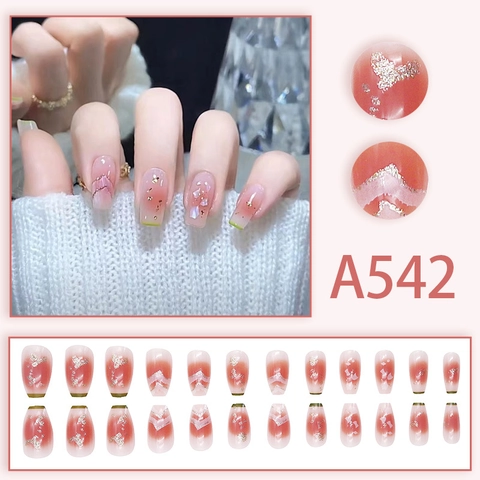 Unghie Finte Stile Francese Sfumatura Blush Paillettes Foglia D'oro Forma Ballerina Punte Unghie Dolce Manicure Estiva