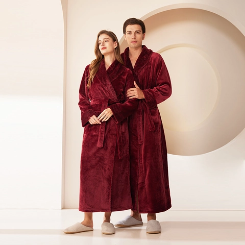 Unisex Long Flannel Robe Thickened Coral Fleece Bathrobe Shawl Collar Belted Sleepwear For Men Women Couples