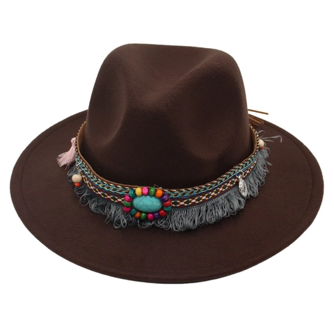 Kids Wide Brim Fedora Hat Wool Felt Bohemian Ethnic Style With Turquoise Tassels Beads Performance Travel Sun Hat