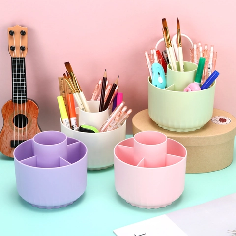 Rotating Pen Holder Desktop Storage Organizer Plastic Multiple Compartments Makeup Brush Case Office School Stationery