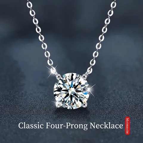 S925 Sterling Silver Moissanite Pendant Necklace For Women Round Brilliant Cut Solitaire Four Prong Chain Minimalist Jewelry