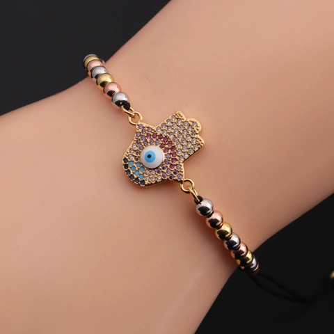 Evil Eye Hamsa Hand Bracelet Copper Cubic Zirconia Adjustable Braided Cord Turkish Ethnic Jewelry For Women
