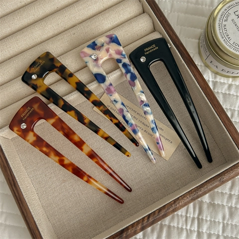 Horquilla Francesa en Forma de U de Acetato con Estampado de Leopardo para Mujer Horquilla Retro de Carey con Strass Accesorio para el Cabello Hecho a Mano