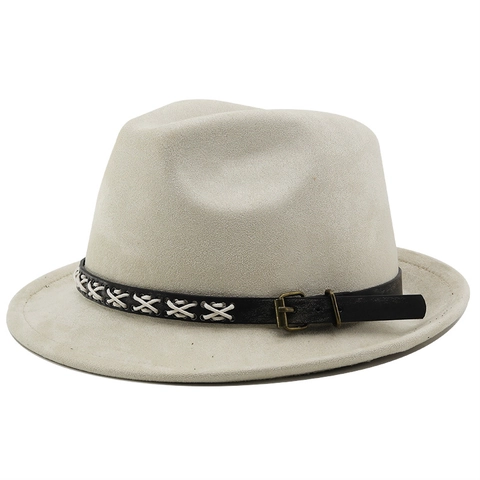 Cappello Fedora In Camoscio Per Uomo Donna Stile Britannico Feltro Jazz Berretto Con Fascia In Pelle Punto Croce E Fibbia