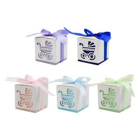 Baby Shower Candy Boxes Hollow Stroller Laser Cut Paper Favor Boxes With Ribbon For Christening Birthday Party Baptism Novelty