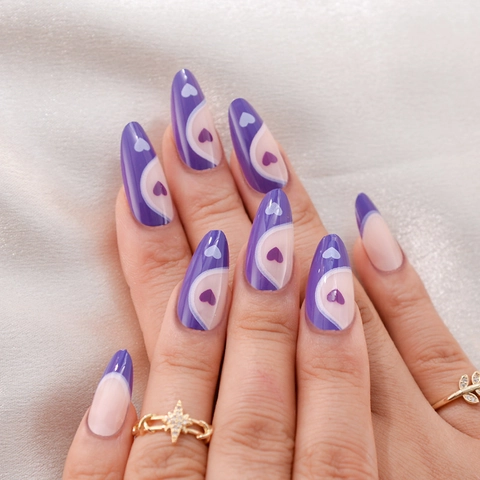 Lila Französisch Mandel Drucknägel Herz Yin Yang Mittellange Künstliche Nägel Full Cover Nageltipps Mit Kleber Damen Maniküre