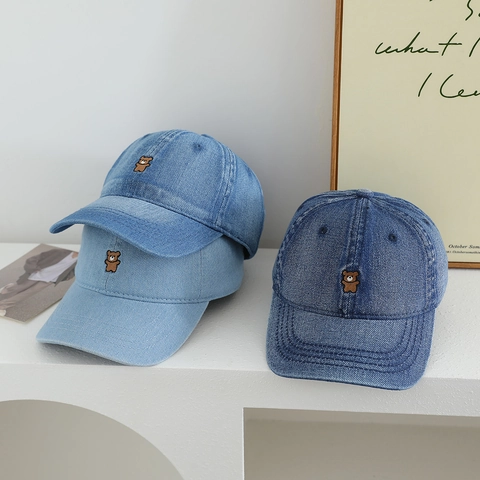 Kids Baseball Cap Denim Cotton Mini Bear Embroidery Adjustable Sun Protection Sunshade Hat Korean Style For Boys And Girls
