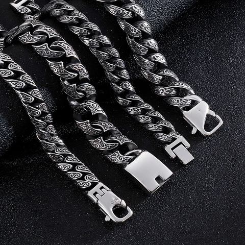 Pulsera De Cadena Cubana Para Hombre De Acero Inoxidable Con Patrón Grabado Vintage Joyería Punk