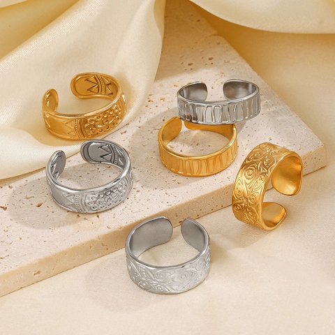 Stainless Steel Wide Band Open Ring Evil Eye Geometric Retro Engraved Hip Hop Style Fashion For Women Gold Silver