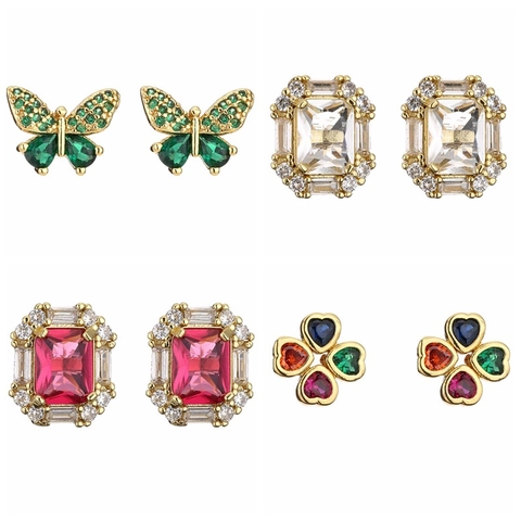 Copper Zircon Stud Hoop Earrings Butterfly Heart Clover Love Letter Geometric Colorful Sparkly Fashion Jewelry For Women