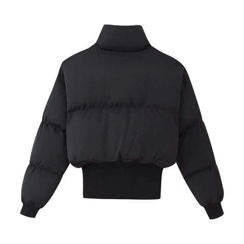 Women Short Puffer Jacket Stand Collar Zipper Cotton Padded Coat Ribbed Cuffs Drawstring Hem Solid Warm Cropped
