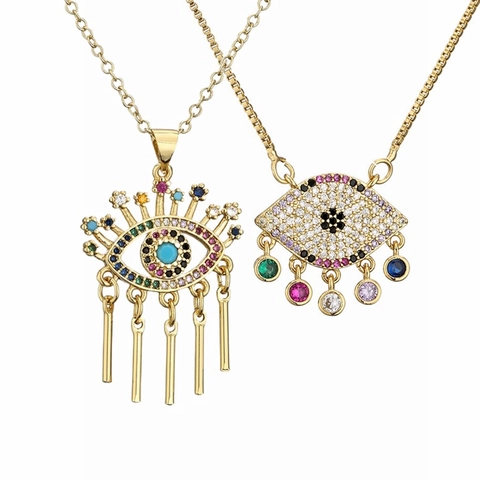 Evil Eye Pendant Necklace Copper Micro Pave Cubic Zirconia Colorful Geometric Jewelry For Women