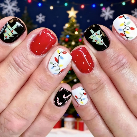 Weihnachten Press On Nails Kurz Quadratisch ABS Künstliche Fingernägel Glänzend Baum Zuckerstangen Muster Für Frauen